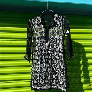 Black Sheer Tunic with White Floral Embroidery